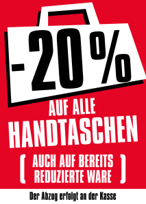 20% Rabatt auf alle Handtaschen. (auch auf bereits reduzierte Ware)