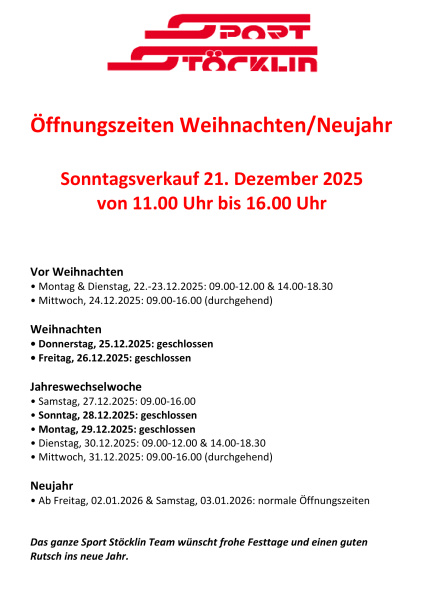 Öffnungszeiten Weihnachten / Neujahr 2025