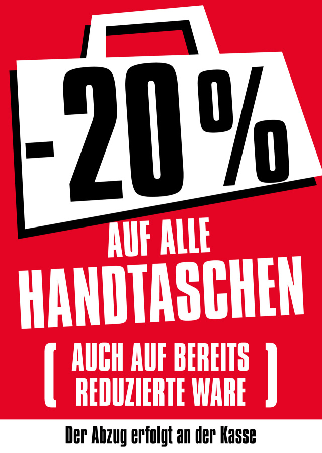 20% Rabatt auf alle Handtaschen. (auch auf bereits reduzierte Ware)